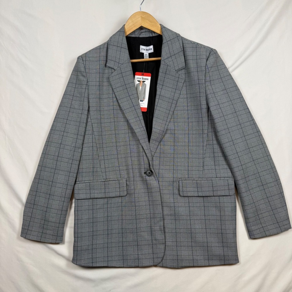 Steve Madden Womens Gray Glen Plaid Single Button Oversized Blazer Jacket Medium